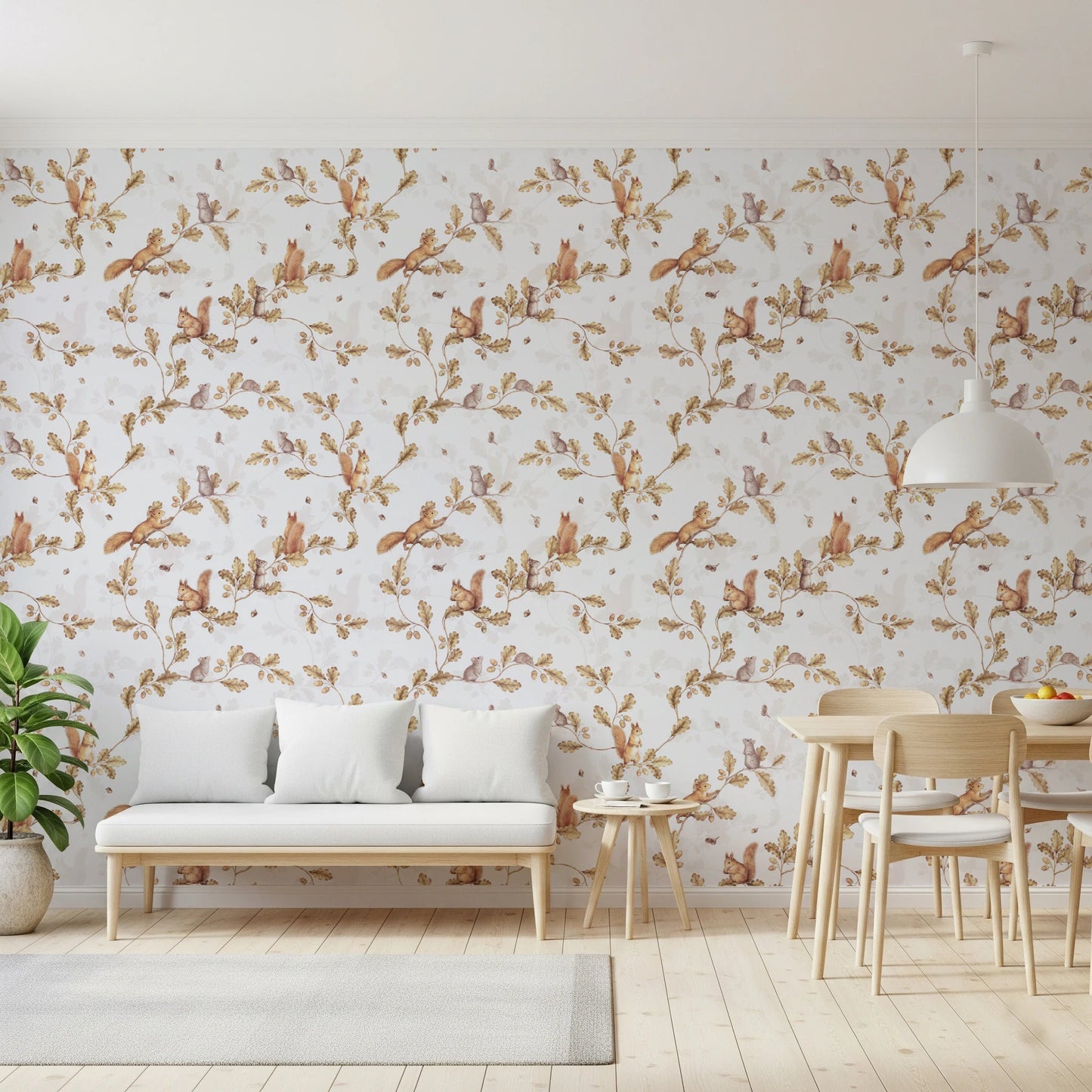 Sofa room styled in off white chinoiserie forest wallpaper