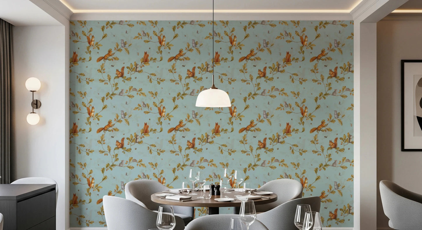 Cozy Dining room area with Rococo Forest Chinoiserie teal wallpaper, GD8692