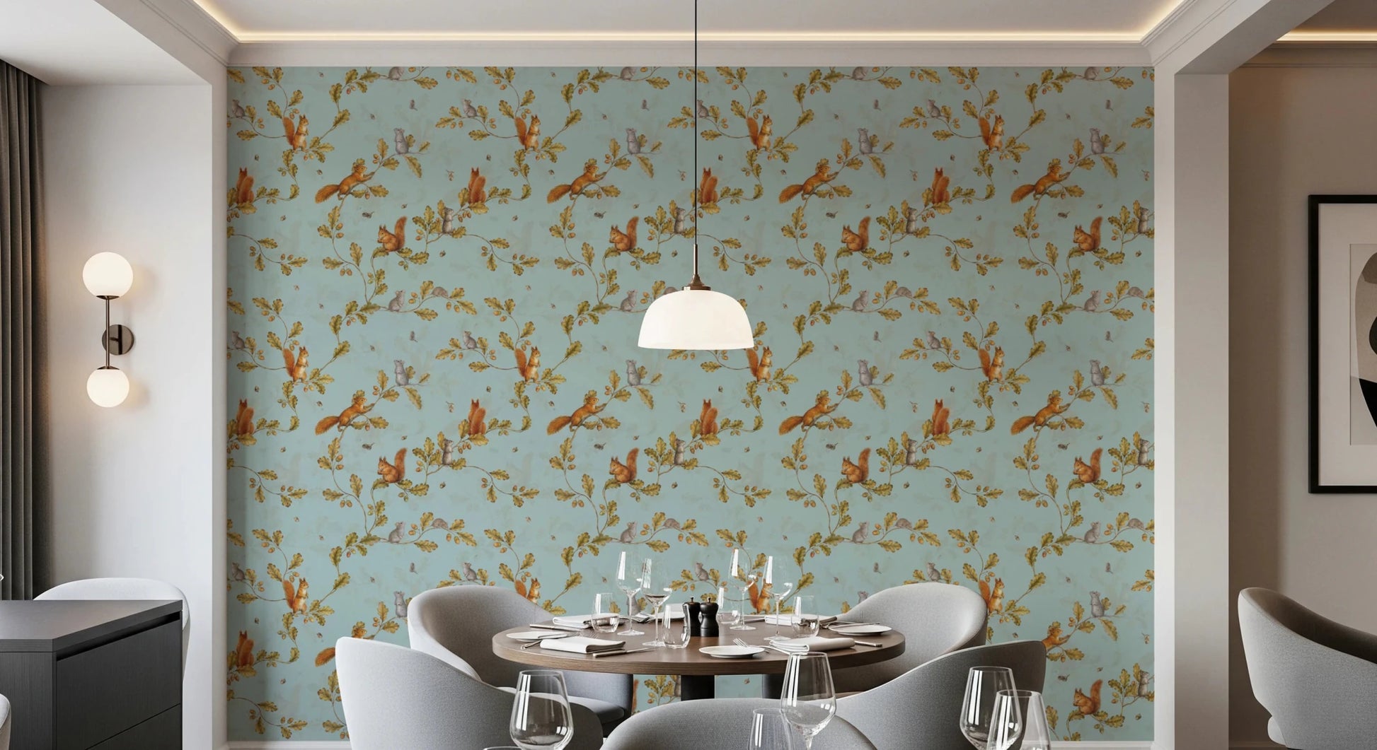 Cozy Dining room area with Rococo Forest Chinoiserie teal wallpaper, GD8692