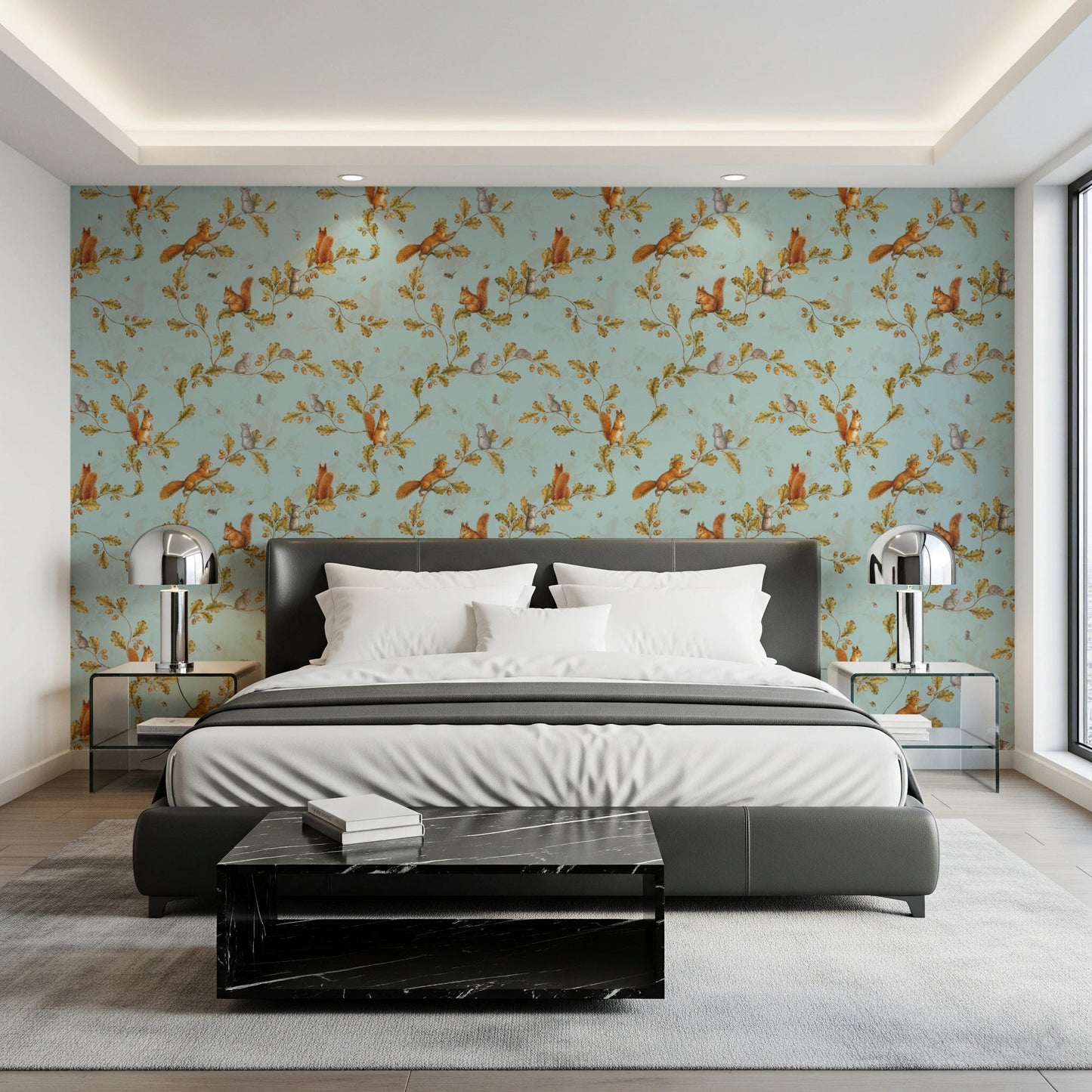 Bedroom area with Rococo Forest Chinoiserie teal wallpaper, GD8692