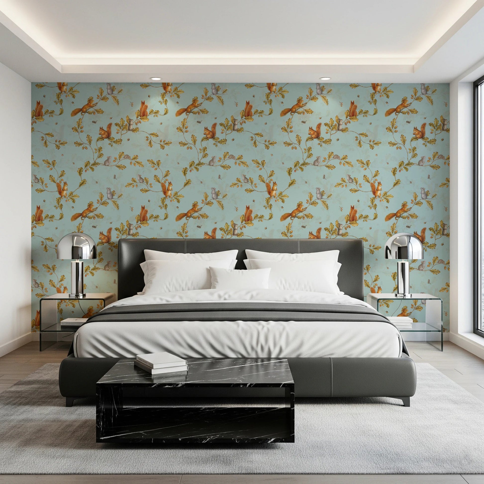 Bedroom area with Rococo Forest Chinoiserie teal wallpaper, GD8692