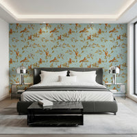 Bedroom area with Rococo Forest Chinoiserie teal wallpaper, GD8692