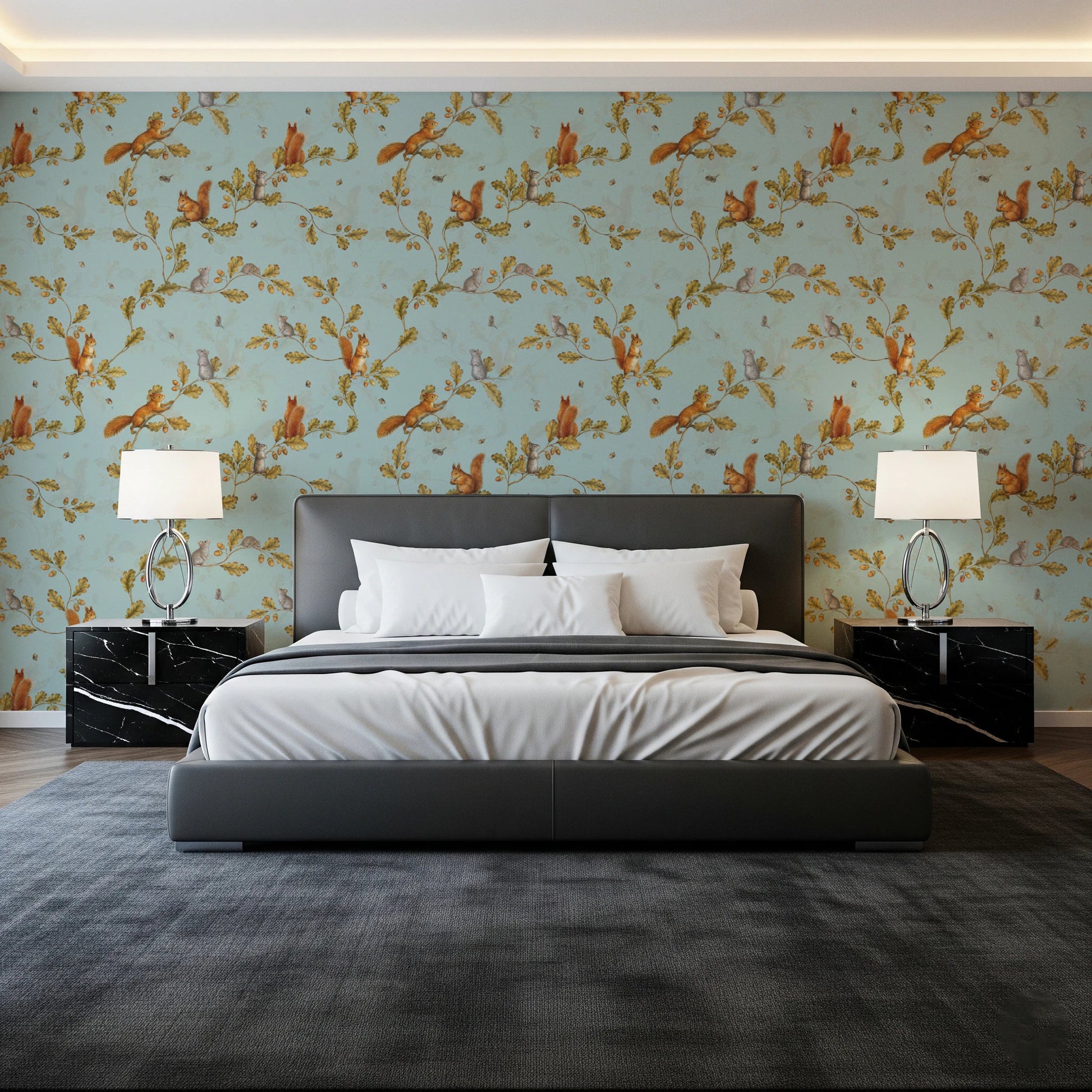 Bedroom with Rococo Forest Chinoiserie teal wallpaper, GD8692