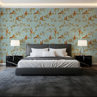 Bedroom with Rococo Forest Chinoiserie teal wallpaper, GD8692