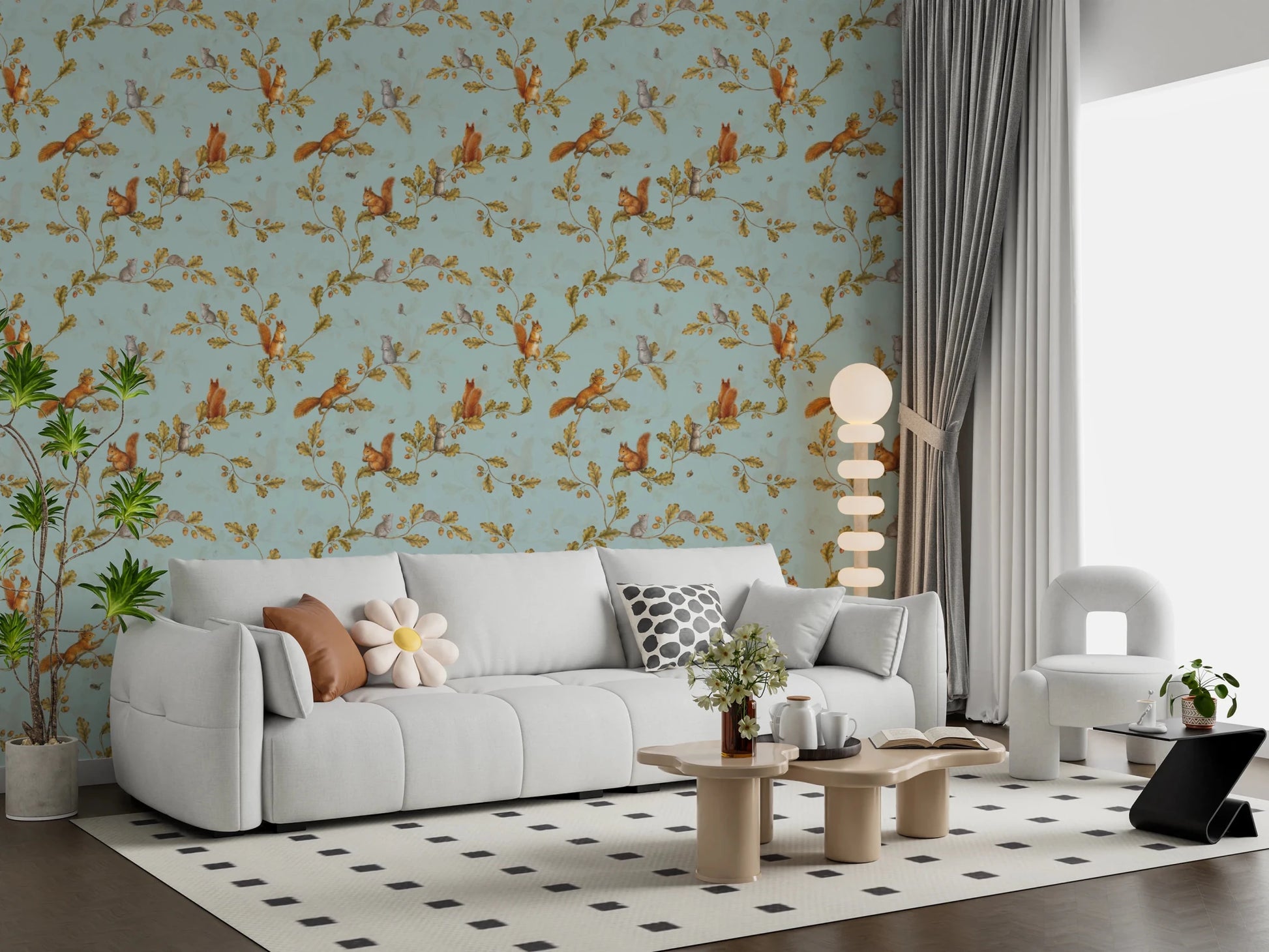 Living room styled in Rococo Forest Chinoiserie teal wallpaper, GD8692