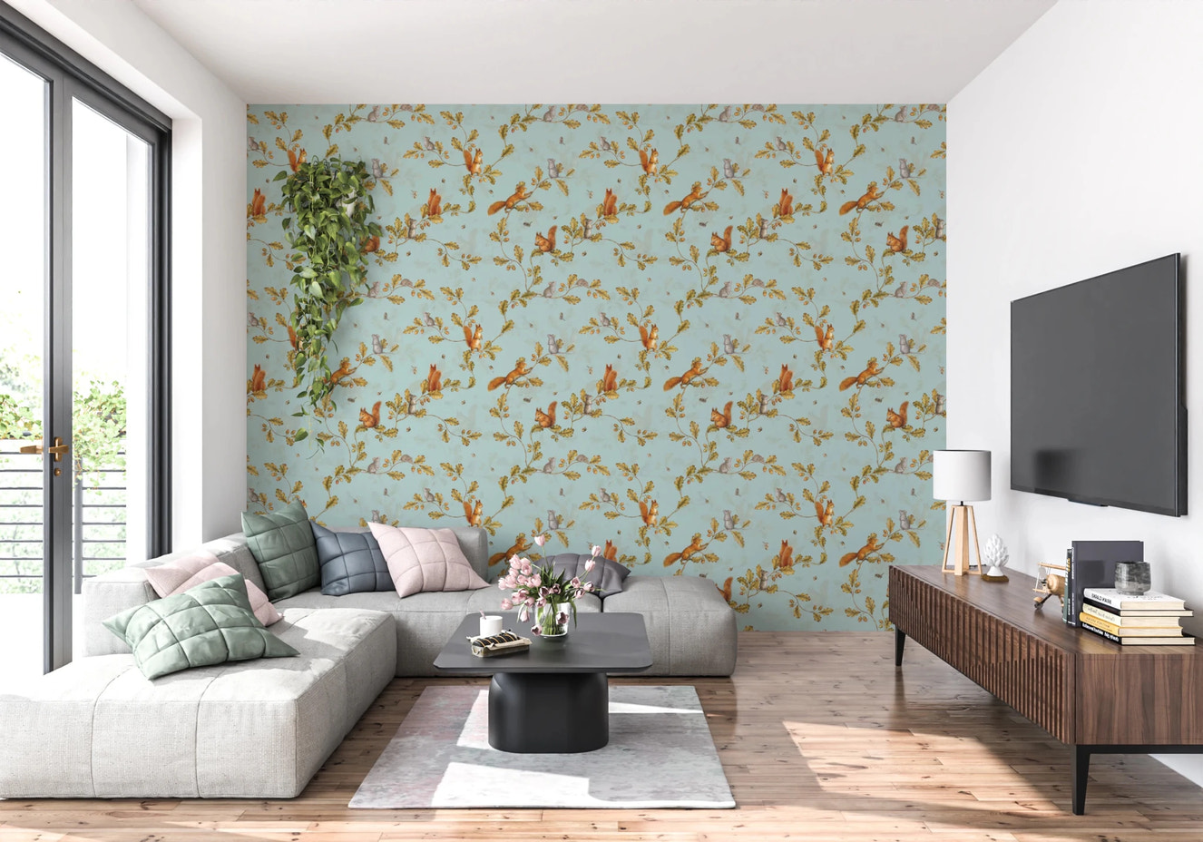 18th Rococo Forest Chinoiserie with Squirrels and Mice on Oak Tree Branches teal Wallpaper⁠