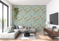 Bright living room with Rococo Forest Chinoiserie teal wallpaper, GD8692