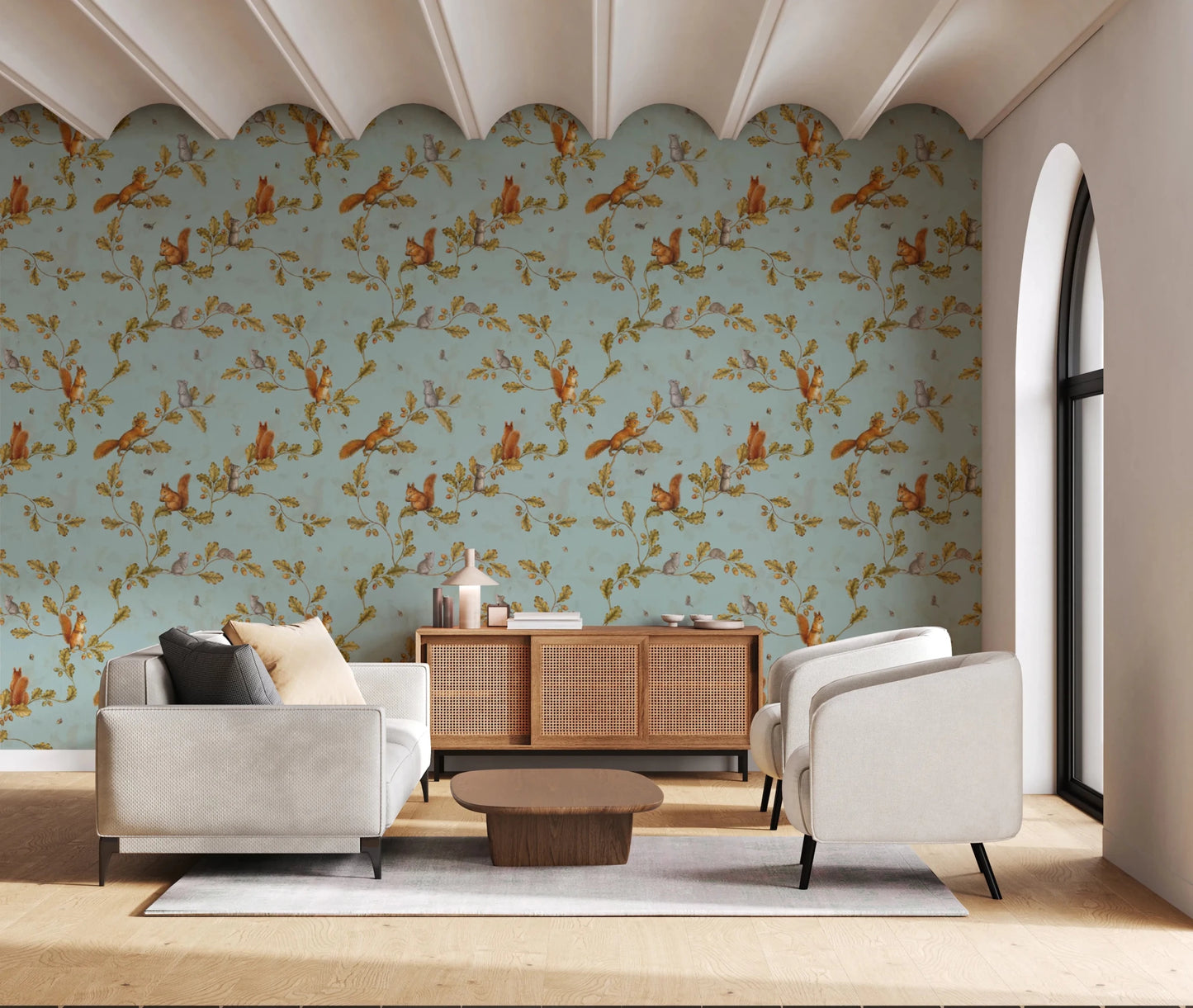 Guest Living room area with Rococo Forest Chinoiserie teal wallpaper, GD8692