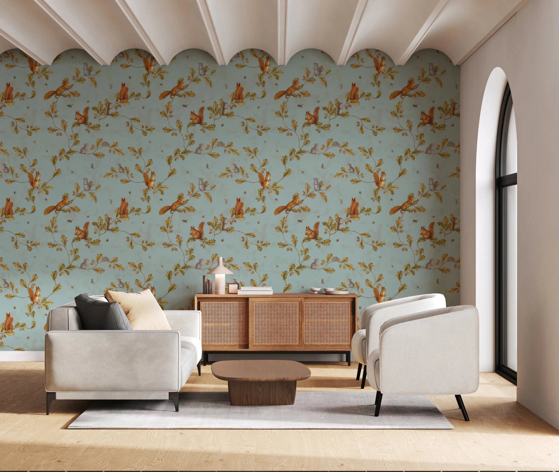 Guest Living room area with Rococo Forest Chinoiserie teal wallpaper, GD8692