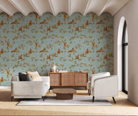 Guest Living room area with Rococo Forest Chinoiserie teal wallpaper, GD8692