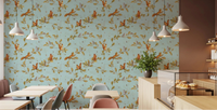 Café nook styled with teal wallpaper, oak branches, squirrels, and mice motifs, GD8692