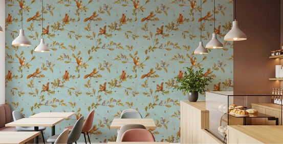 Café nook styled with teal wallpaper, oak branches, squirrels, and mice motifs, GD8692