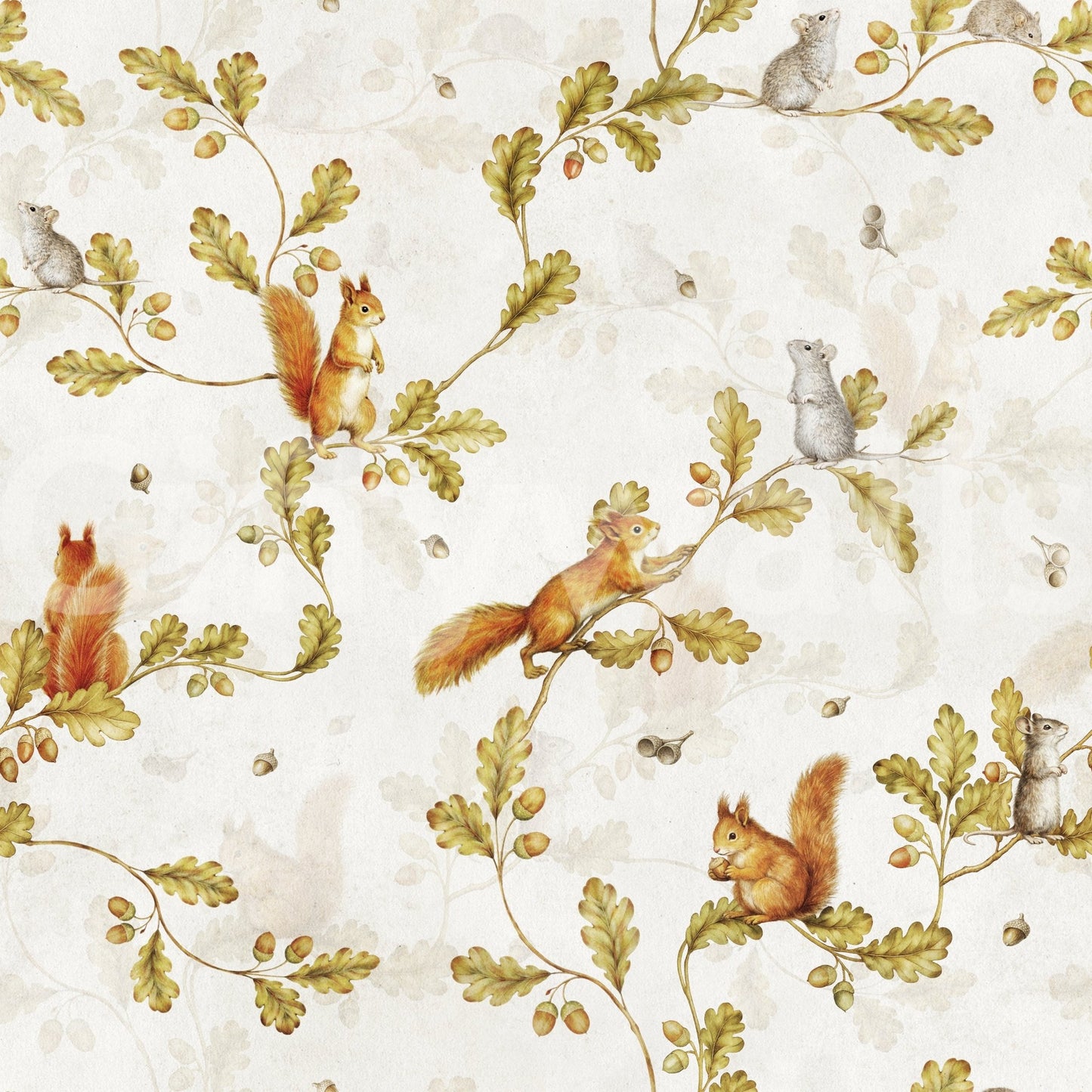 Squirrels and mice on winding oak branches across a vintage chinoiserie wallpaper