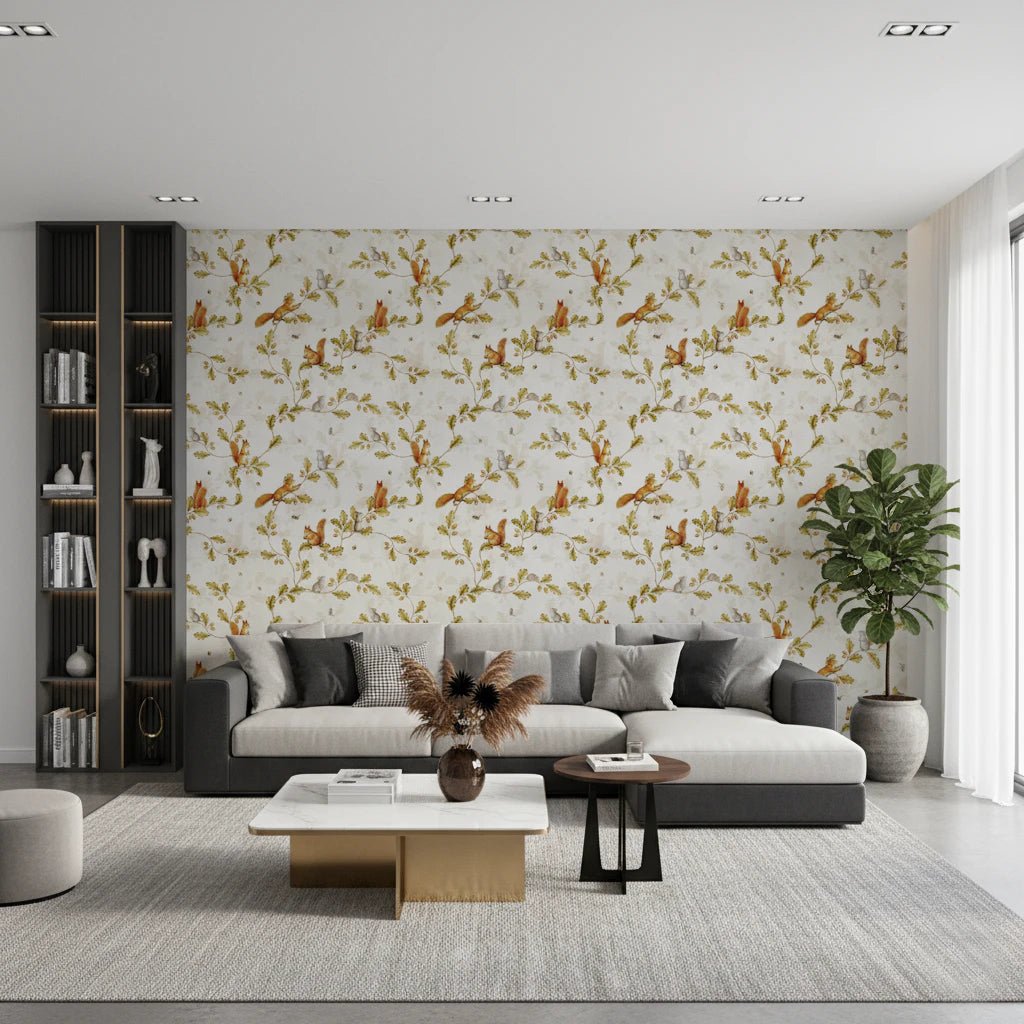 Living room with Rococo Forest Chinoiserie Wallpaper and gentle forest detail