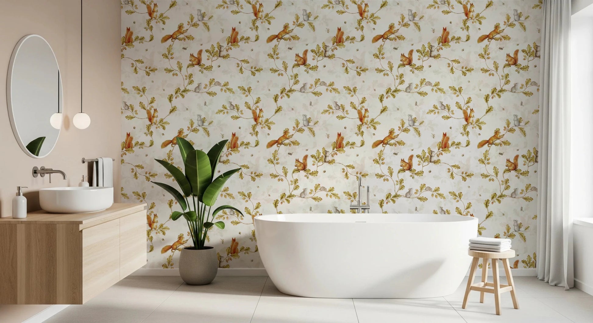 Bathroom with Rococo Forest Chinoiserie Wallpaper and a calm botanical feel