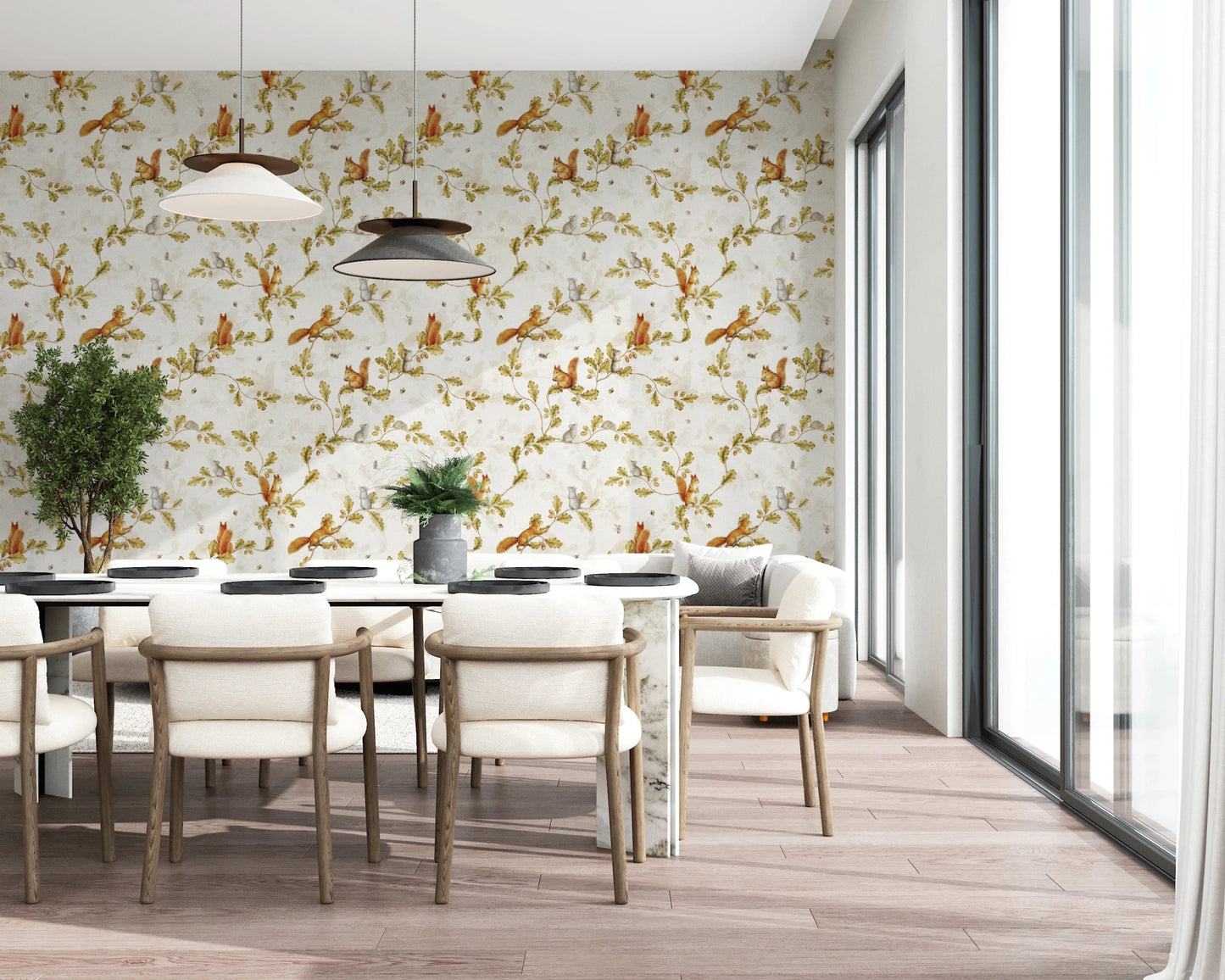 Dining nook with Rococo Forest Chinoiserie Wallpaper by the bright window