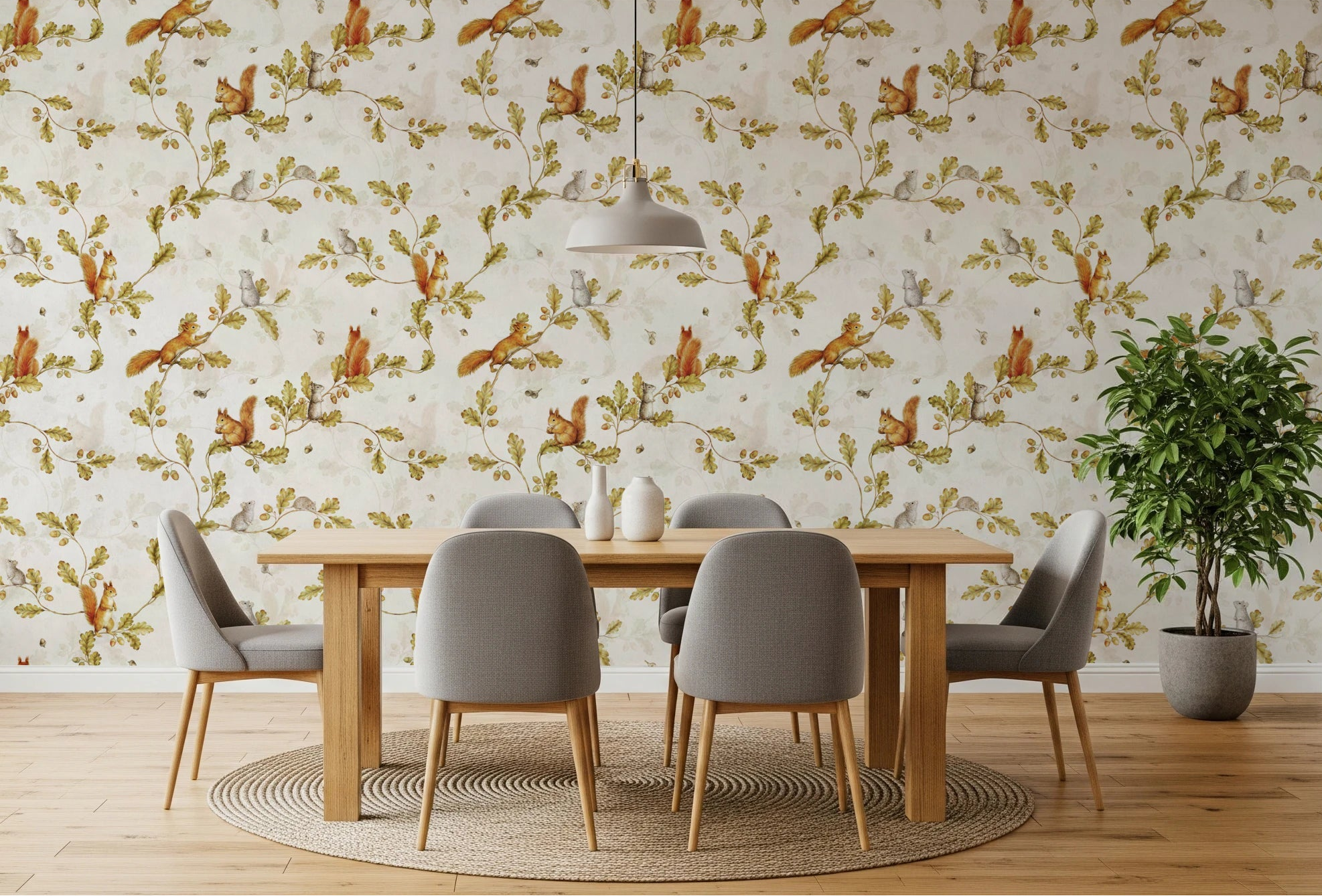 Warm dining room with Rococo Forest Chinoiserie Wallpaper and wood tones, GD8694