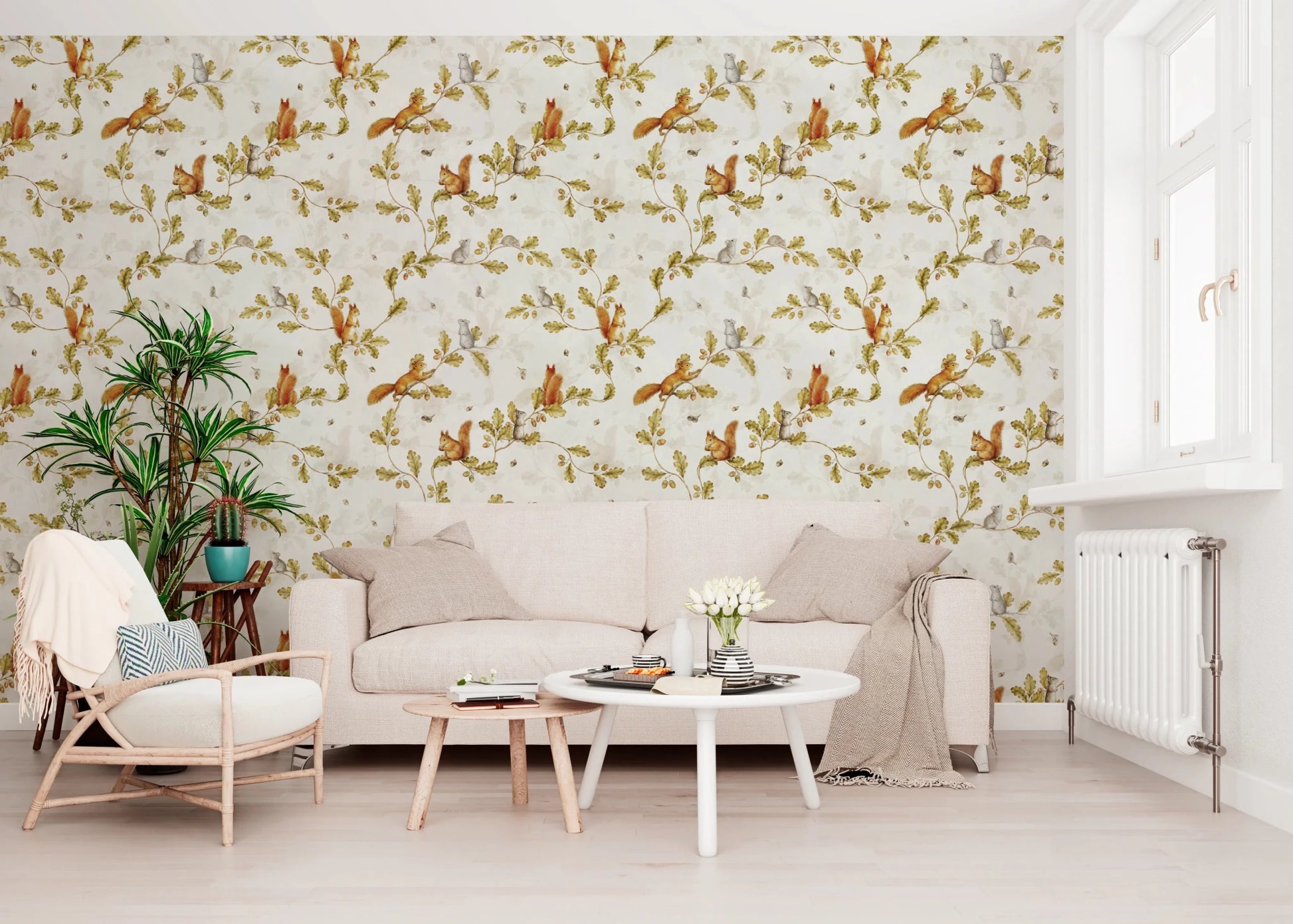 Light sitting area with Rococo Forest Chinoiserie Wallpaper and soft seating