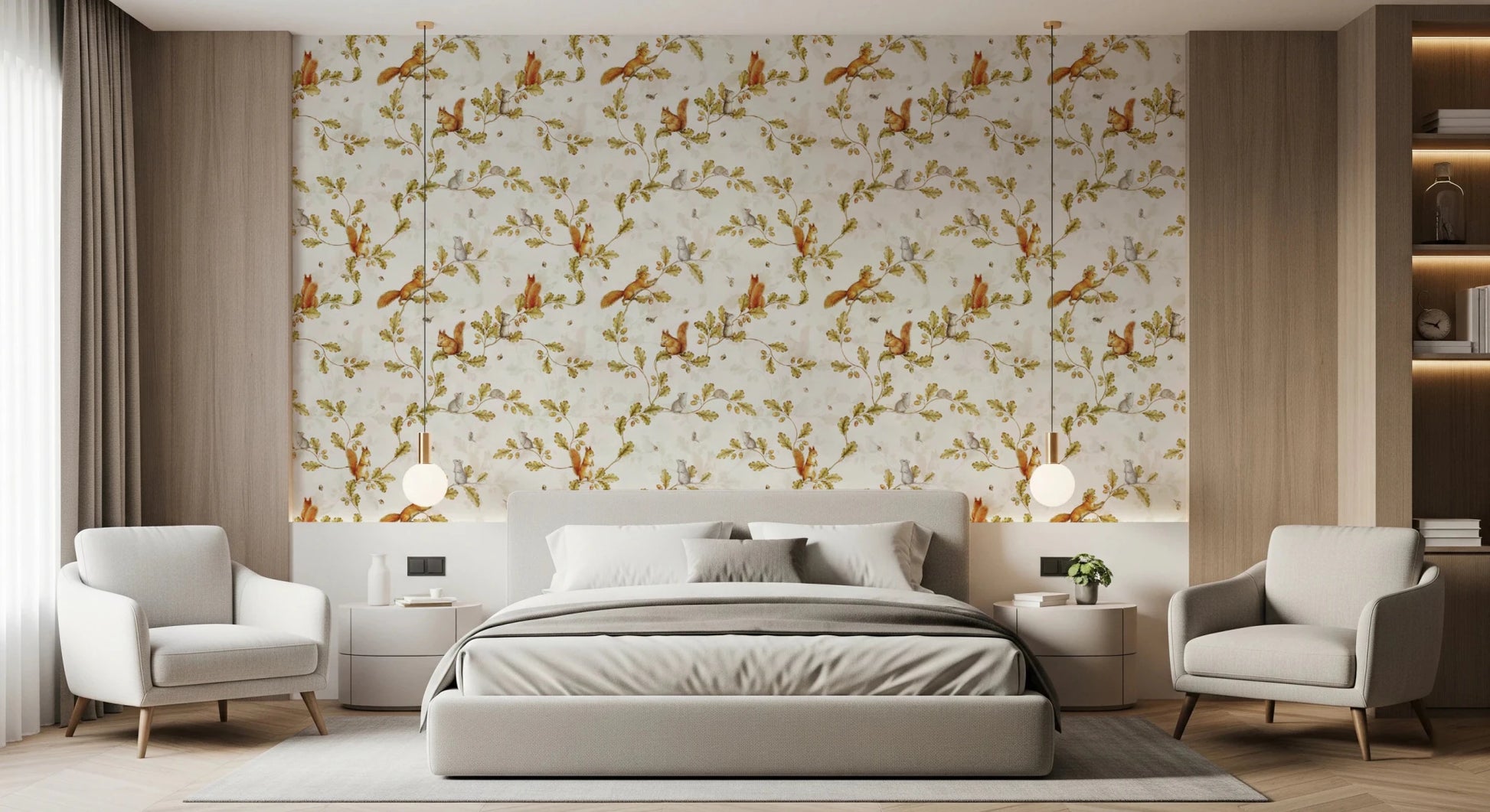 Bedroom with Rococo Forest Chinoiserie Wallpaper and a soft woodland backdrop