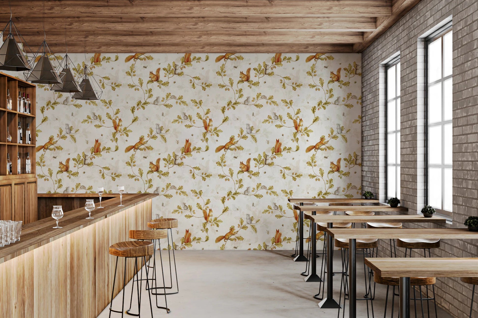 Café space with Rococo Forest Chinoiserie Wallpaper and wood textures