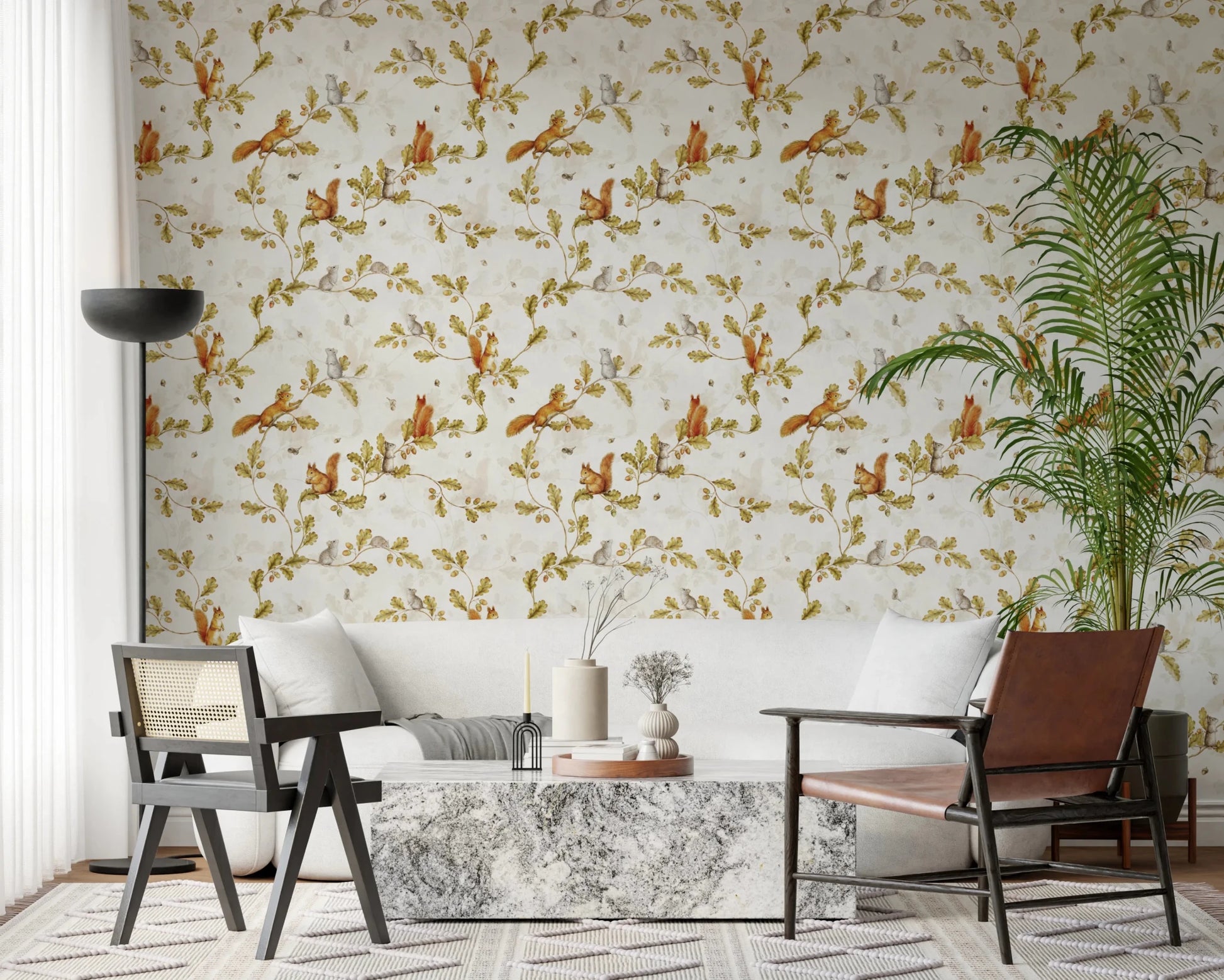 living area with Rococo Forest Chinoiserie Wallpaper and black chair contrast