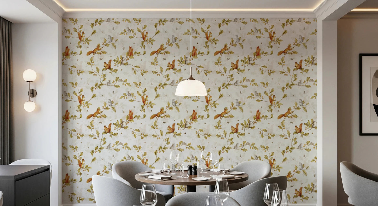 Dining restaurants corner with Rococo Forest Chinoiserie Wallpaper and muted woodland tones