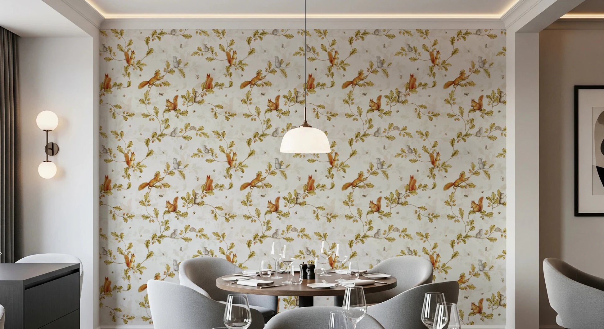 Dining restaurants corner with Rococo Forest Chinoiserie Wallpaper and muted woodland tones