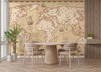 Vintage-style world map wallpaper mural
