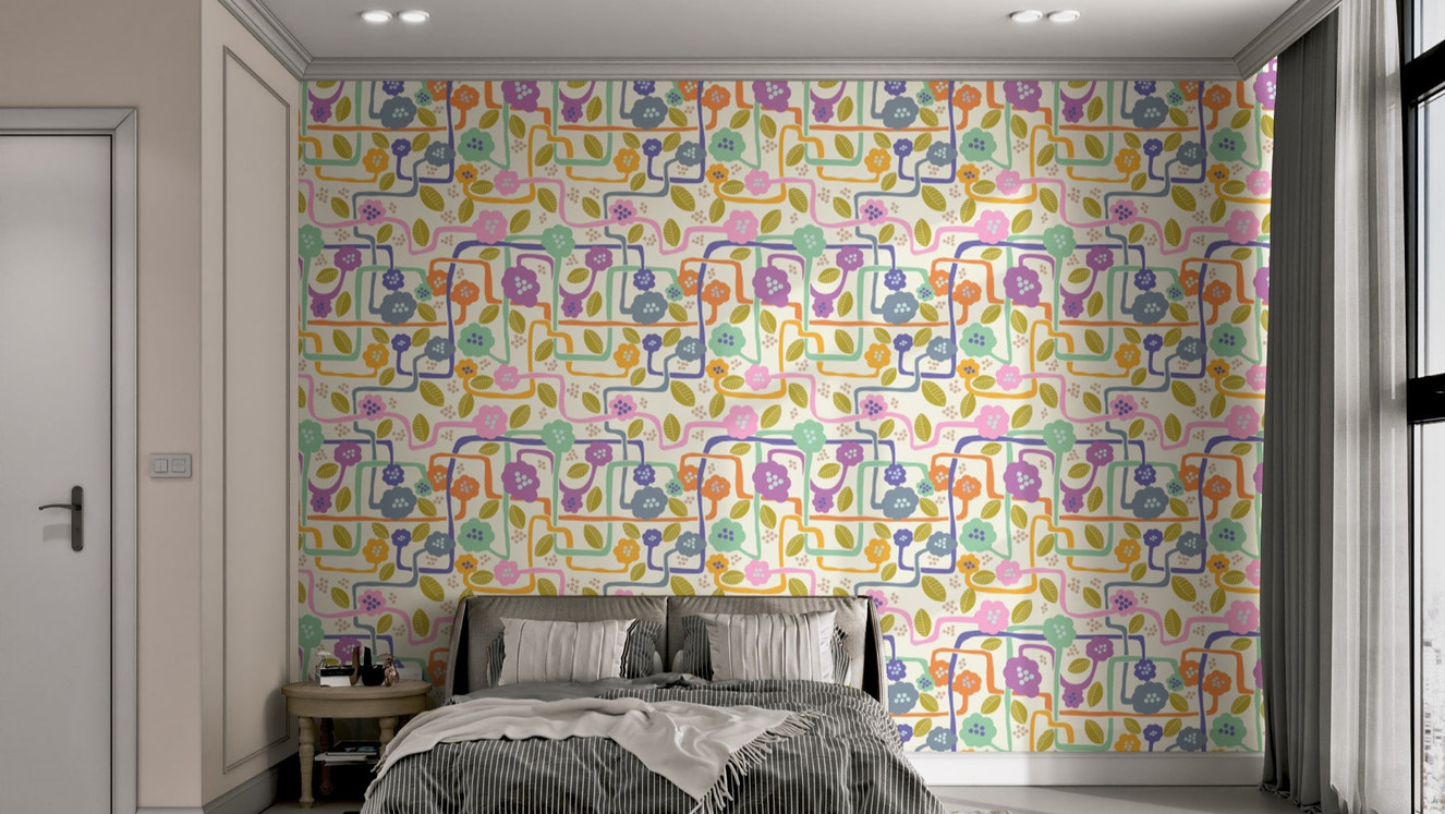 Colorful blooming whimsy wallpaper with intricate flower patterns.
