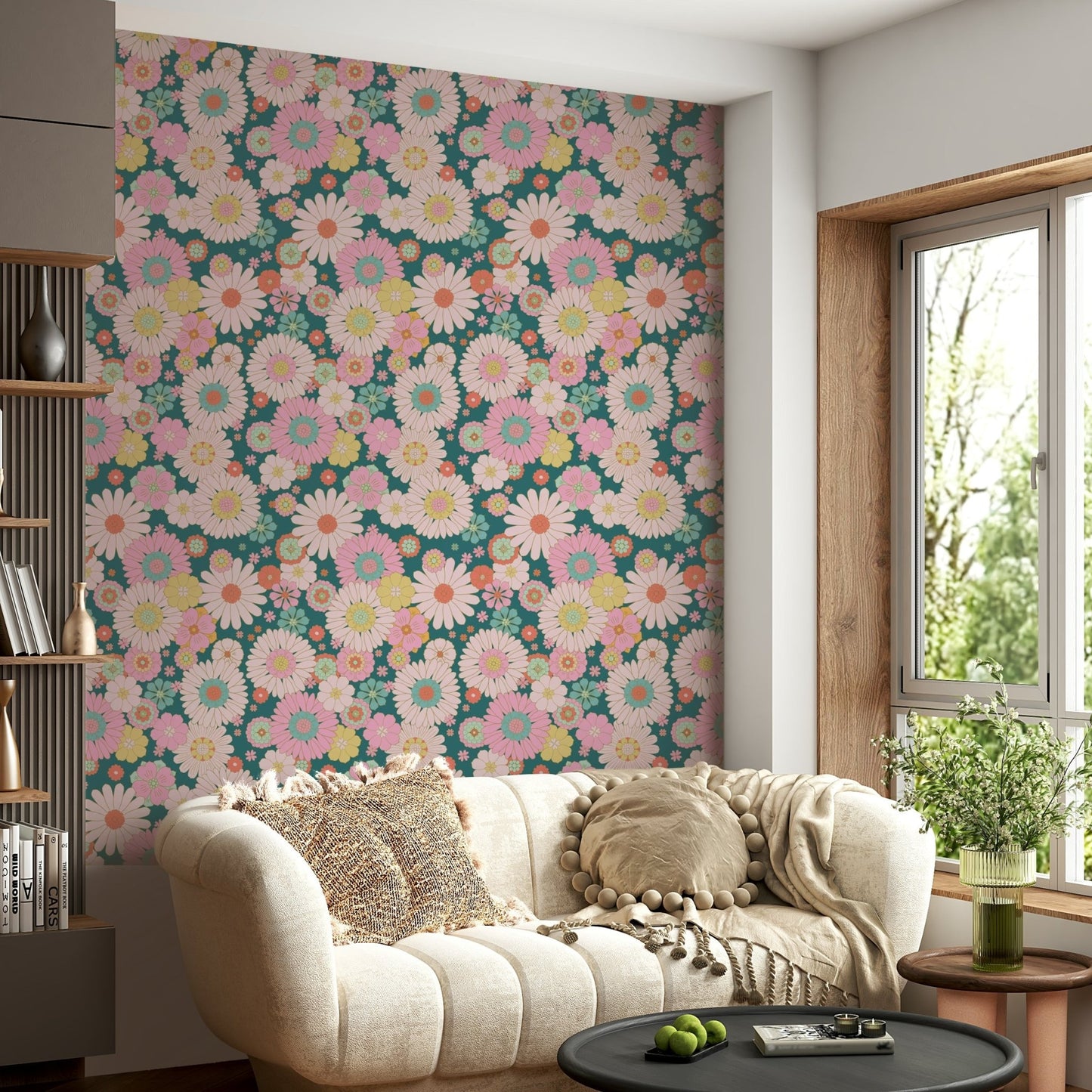 Features stylized daisy floral motifs.
