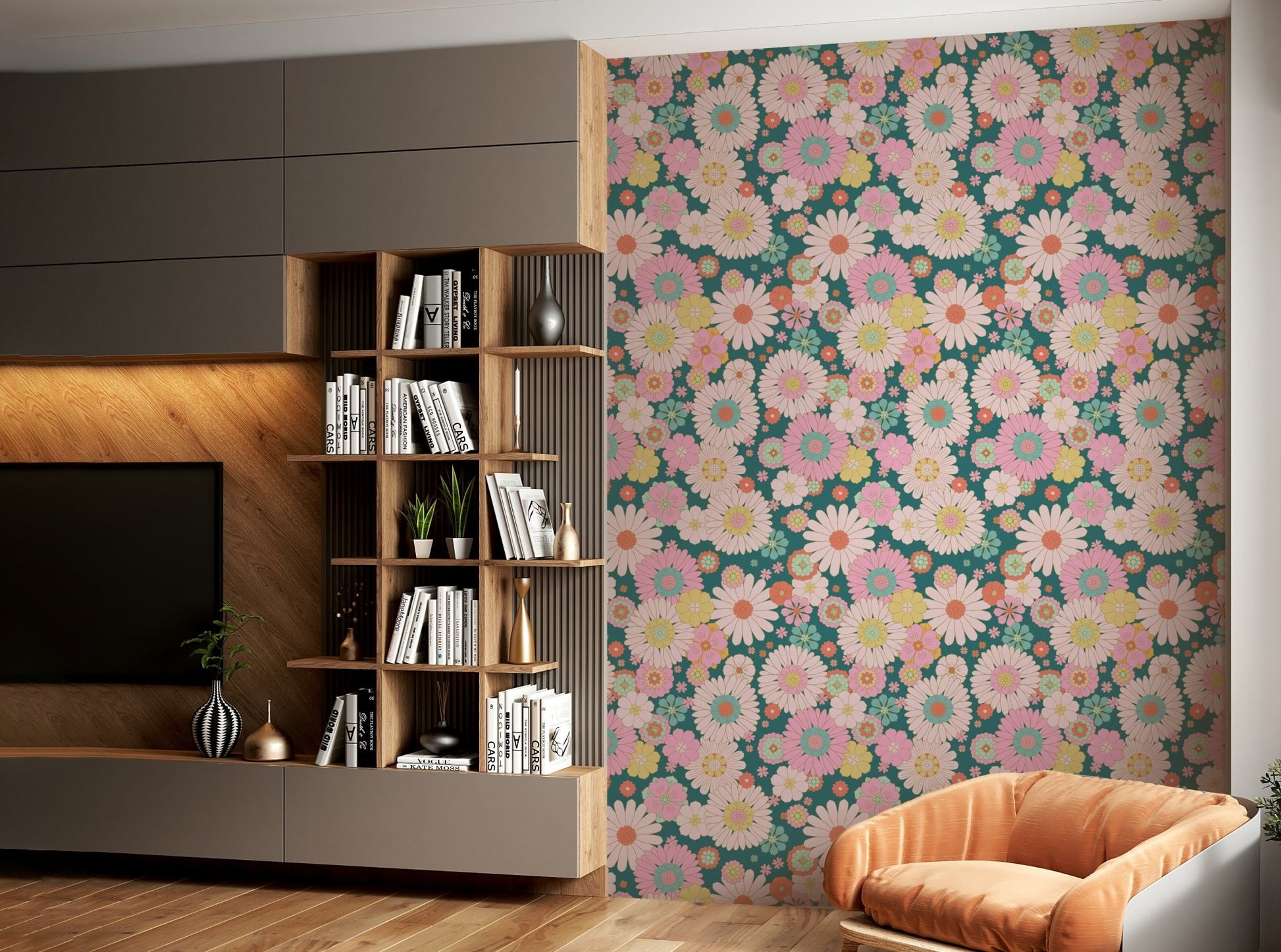 The color palette is composed of warm and inviting tones, typical of the 70s era.
