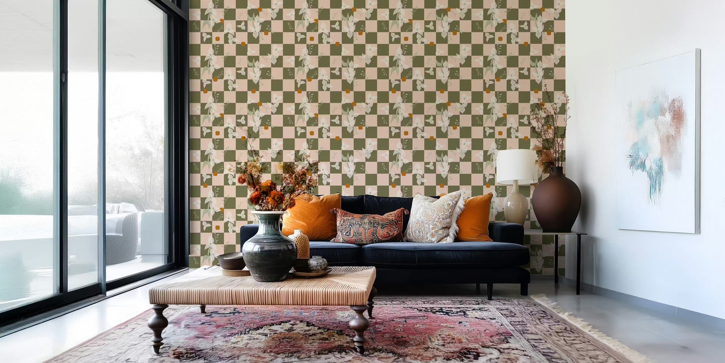 Olive Checker Floral Wallpaper Retro Boho Wallpaper⁠