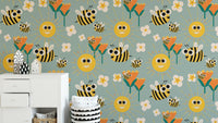 Bee and sunshine mural wallpaper on blue
