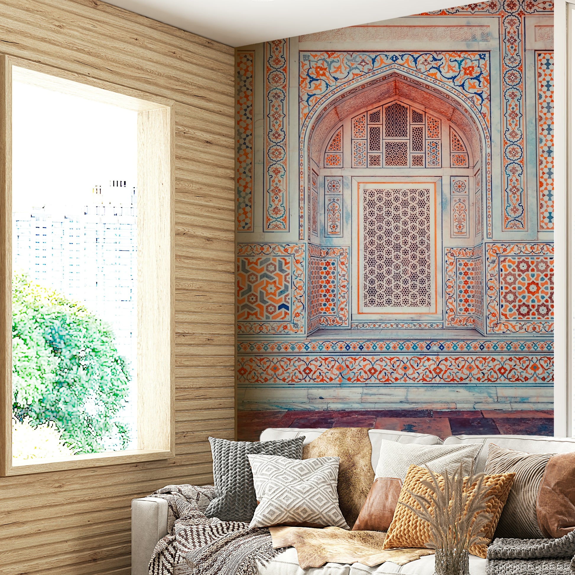 Mughal architecture with floral lattice panel

