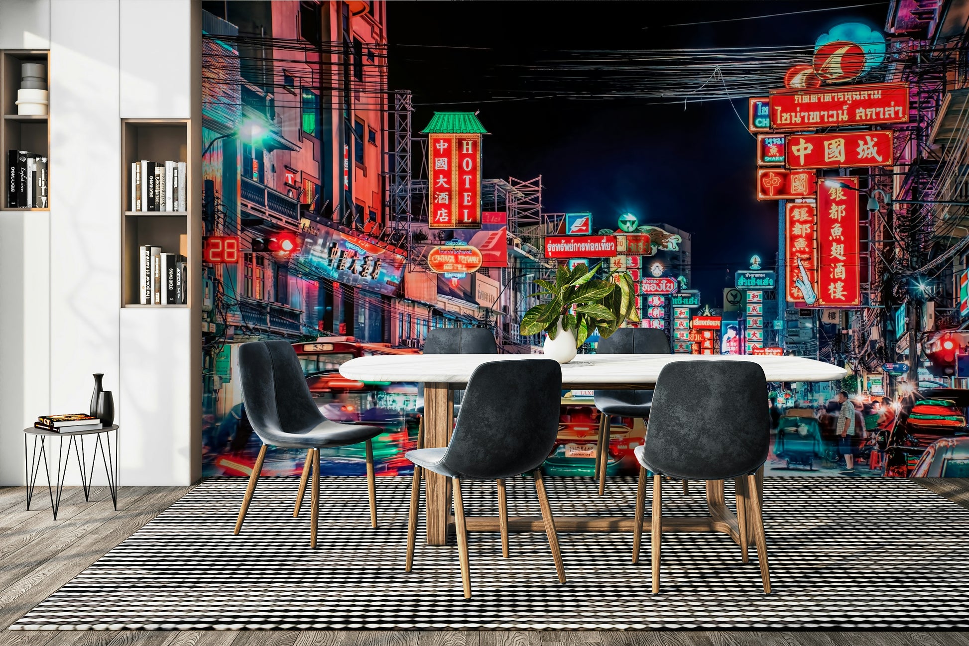 Colorful city street in Thailand at night

