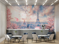 Eiffel Tower view with falling petals

