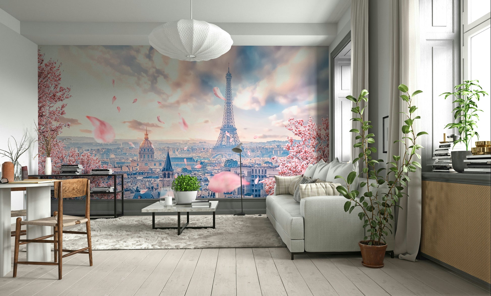 Romantic Paris skyline with pink skies

