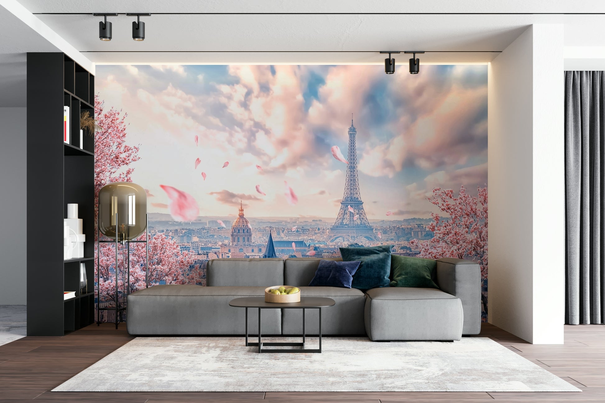 Spring petals floating over Eiffel Tower

