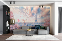 Spring petals floating over Eiffel Tower

