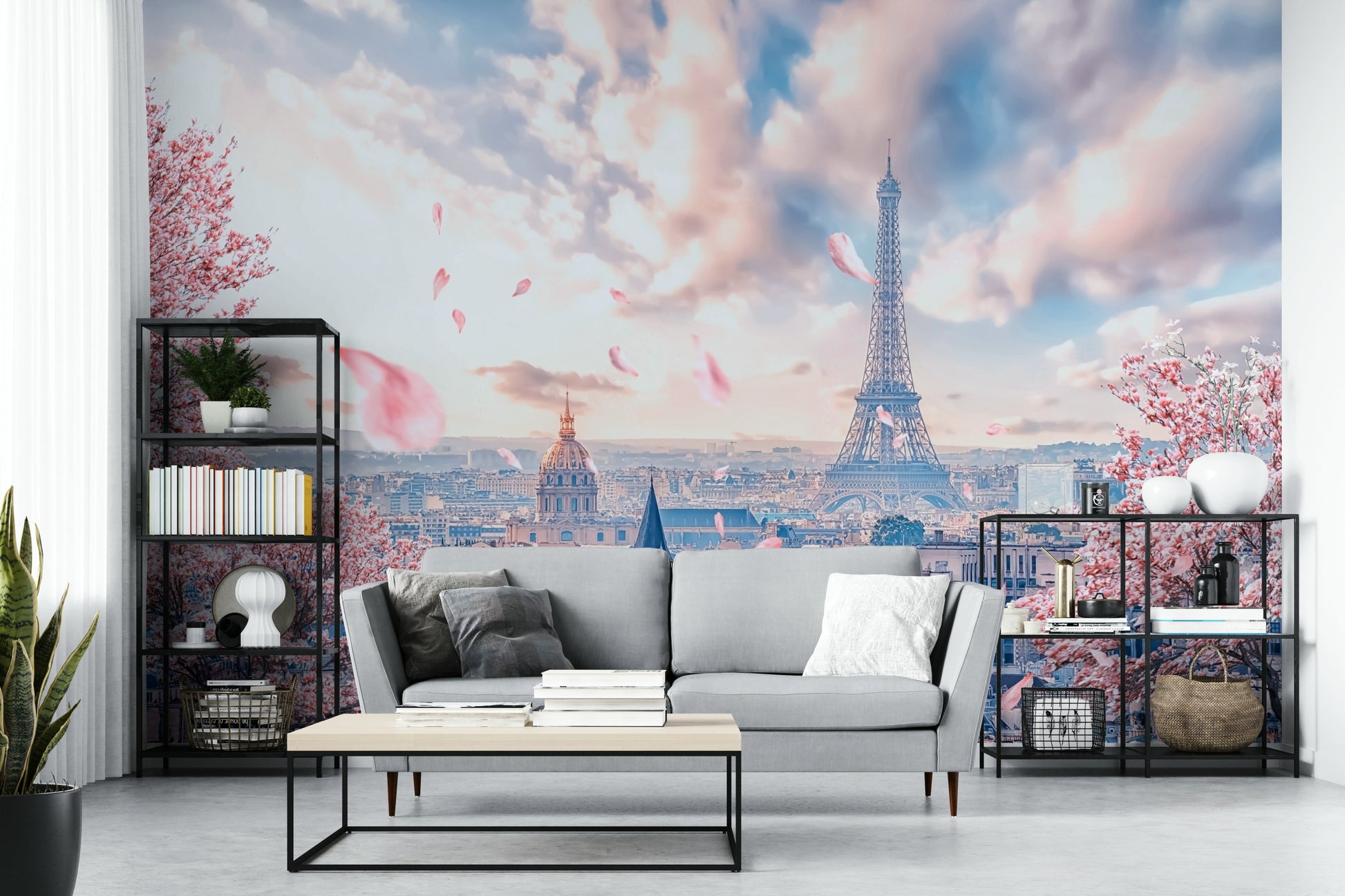 Eiffel Tower behind blooming trees

