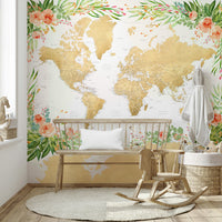 Floral bohemian world map wallpaper art

