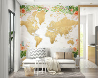 Floral pattern world map wall decor

