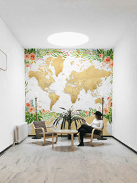 Artistic floral boho world map mural

