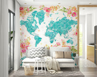 Decorative teal map wallpaper art

