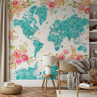 Vibrant teal world map wallpaper design

