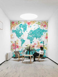 Artistic teal watercolor map mural

