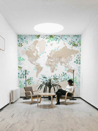 Calm beige world map mural design


