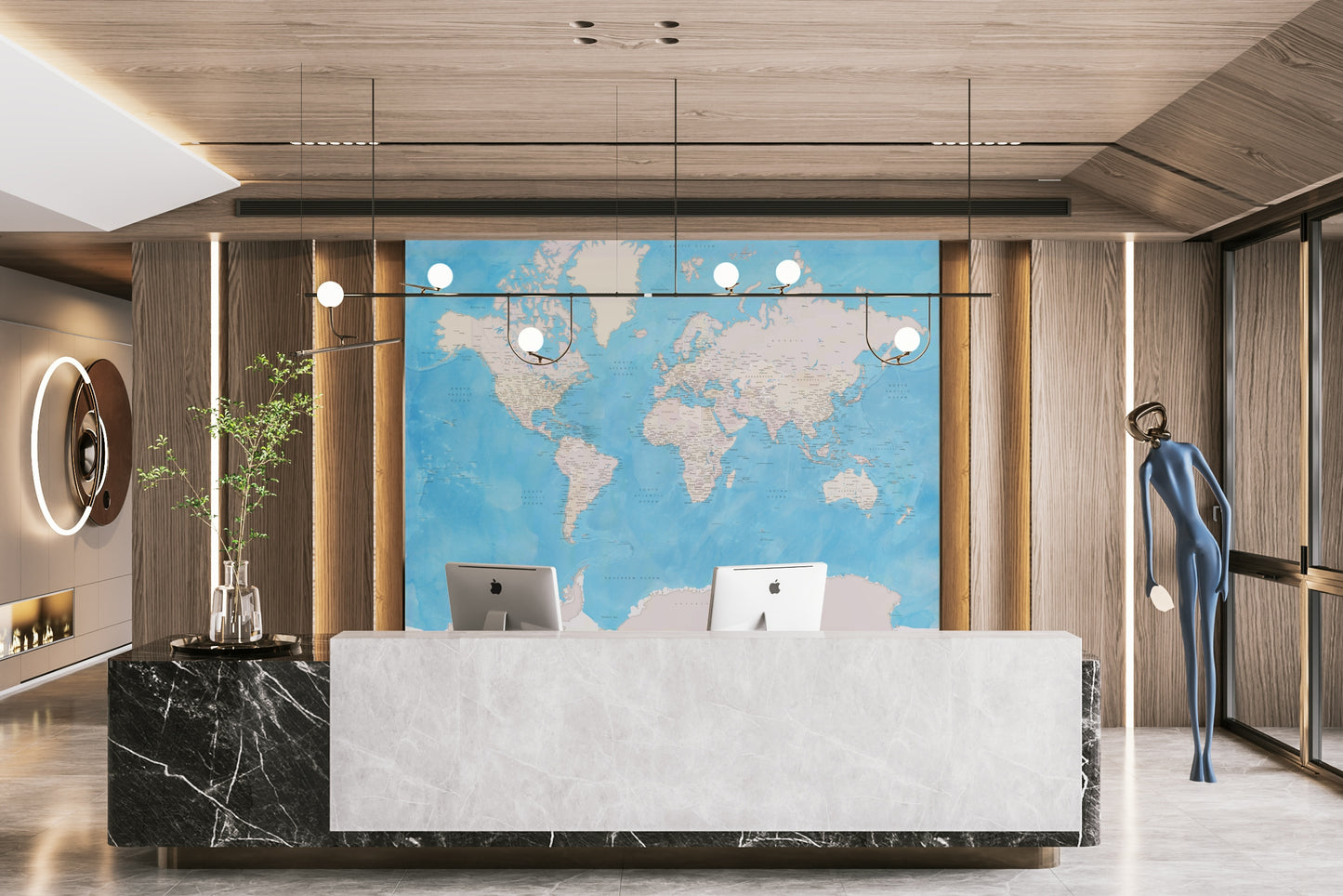 Vibrant blue world map wallpaper design

