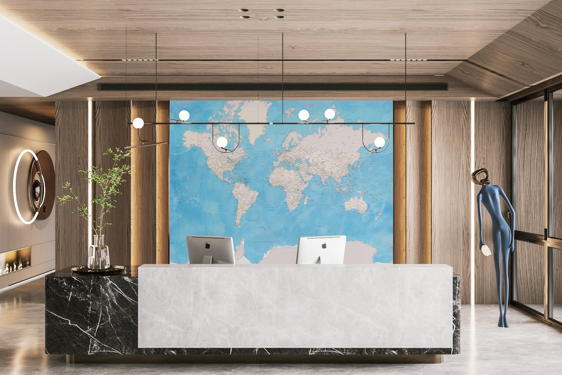 Vibrant blue world map wallpaper design


