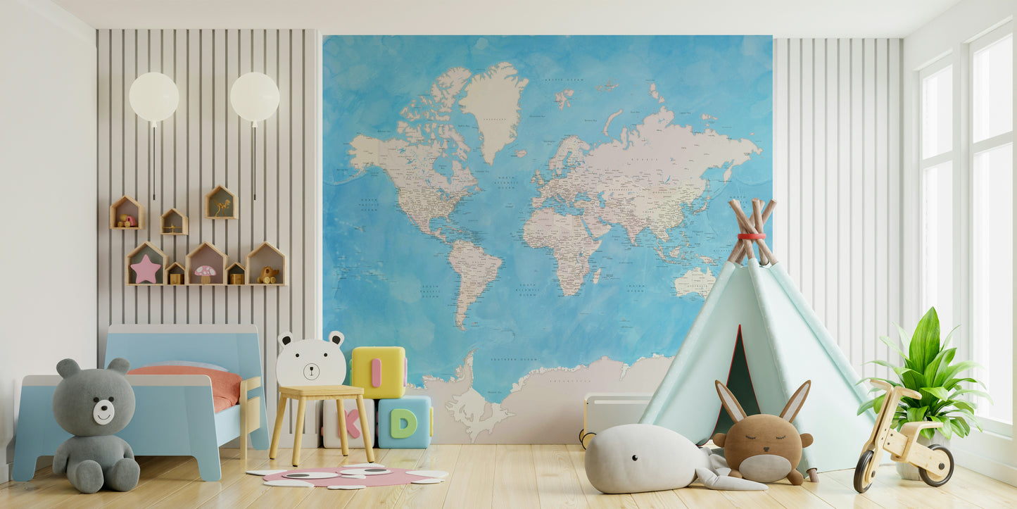 Blue world map wallpaper for walls

